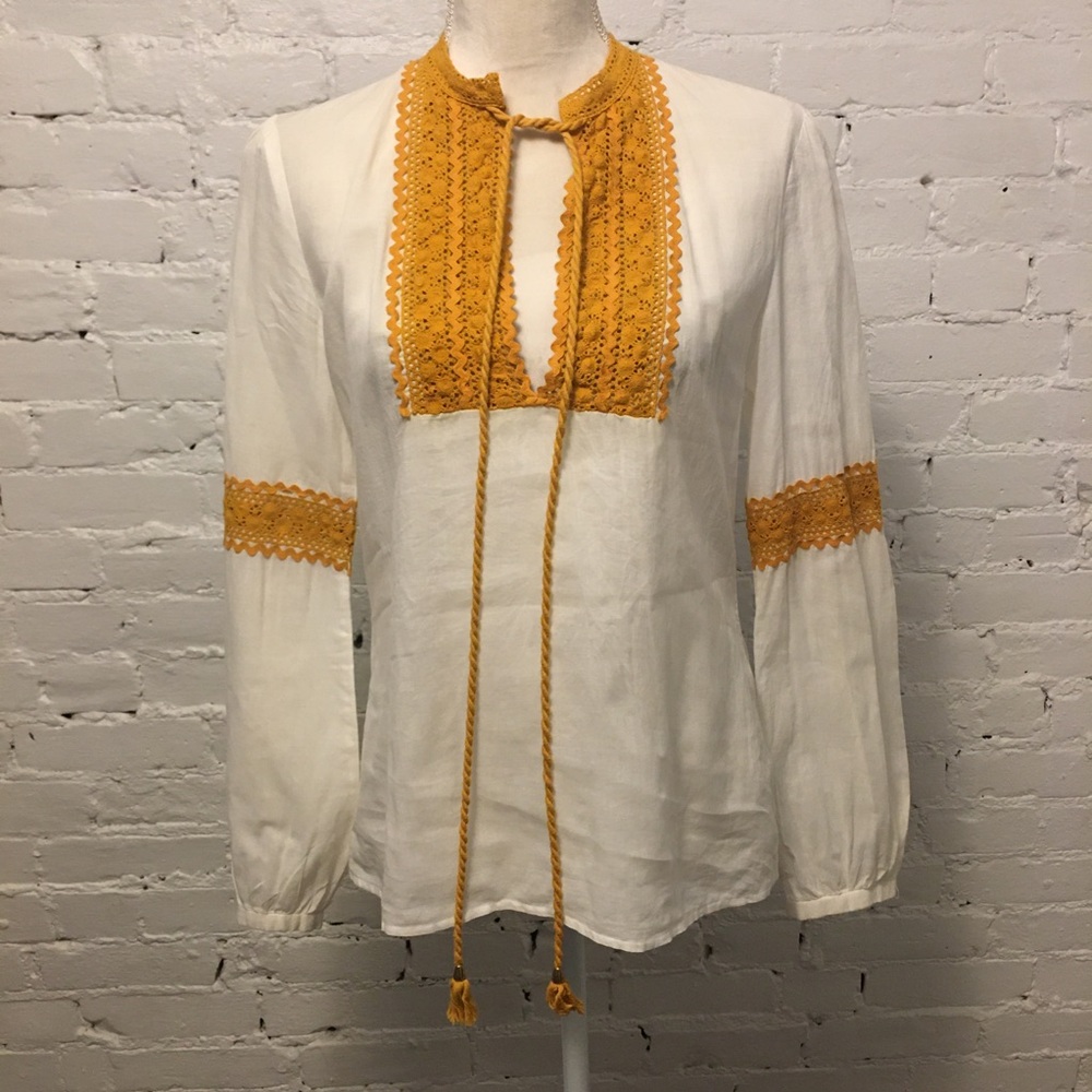 Tory Burch tie neck peasant top yellow embroidery size 6